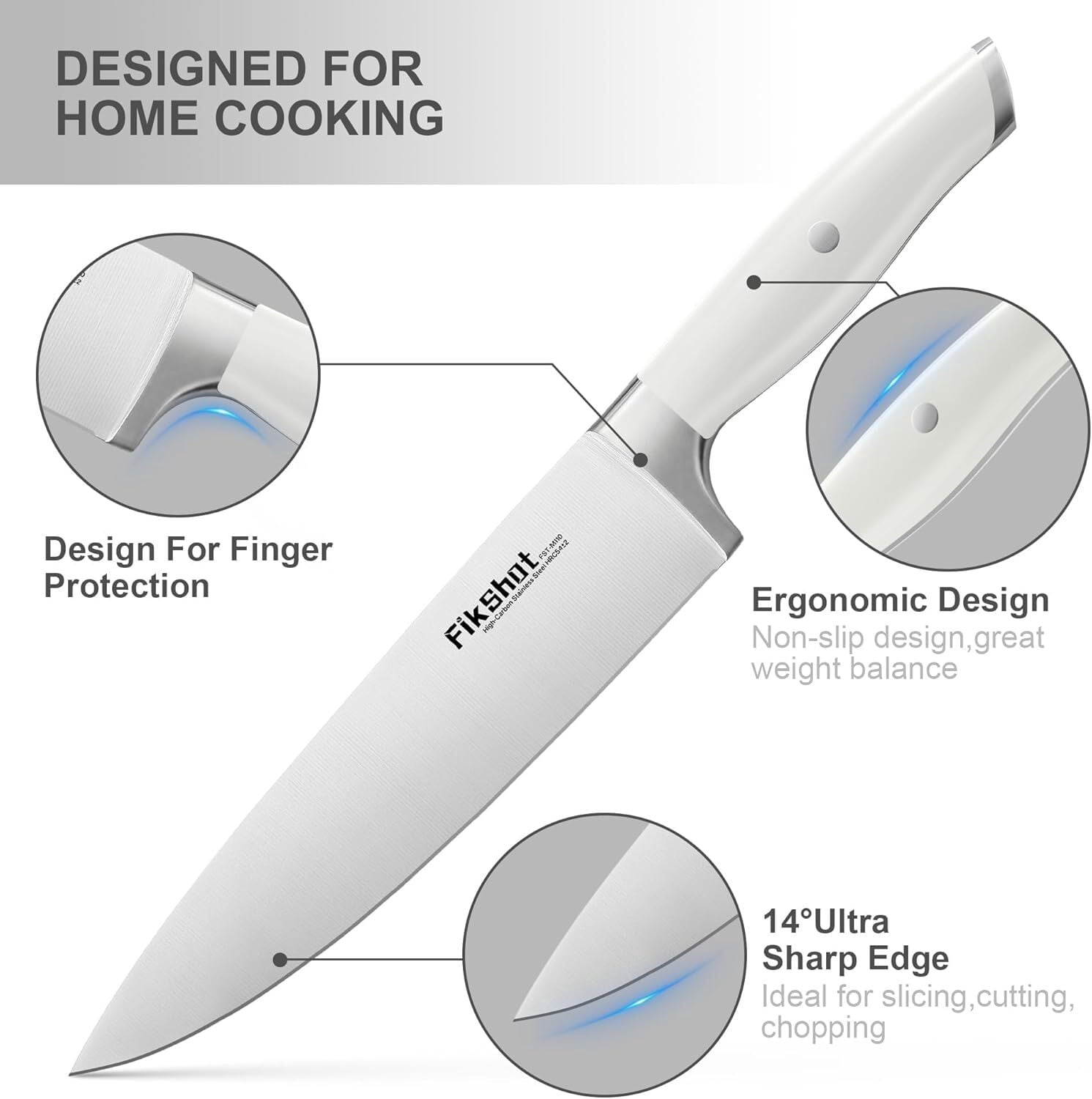 FIKSHOT 14-Piece Kitchen Knife Set with Built-in Sharpener, Professional White Stainless Steel Chef Knives, Dishwasher Safe, Silver