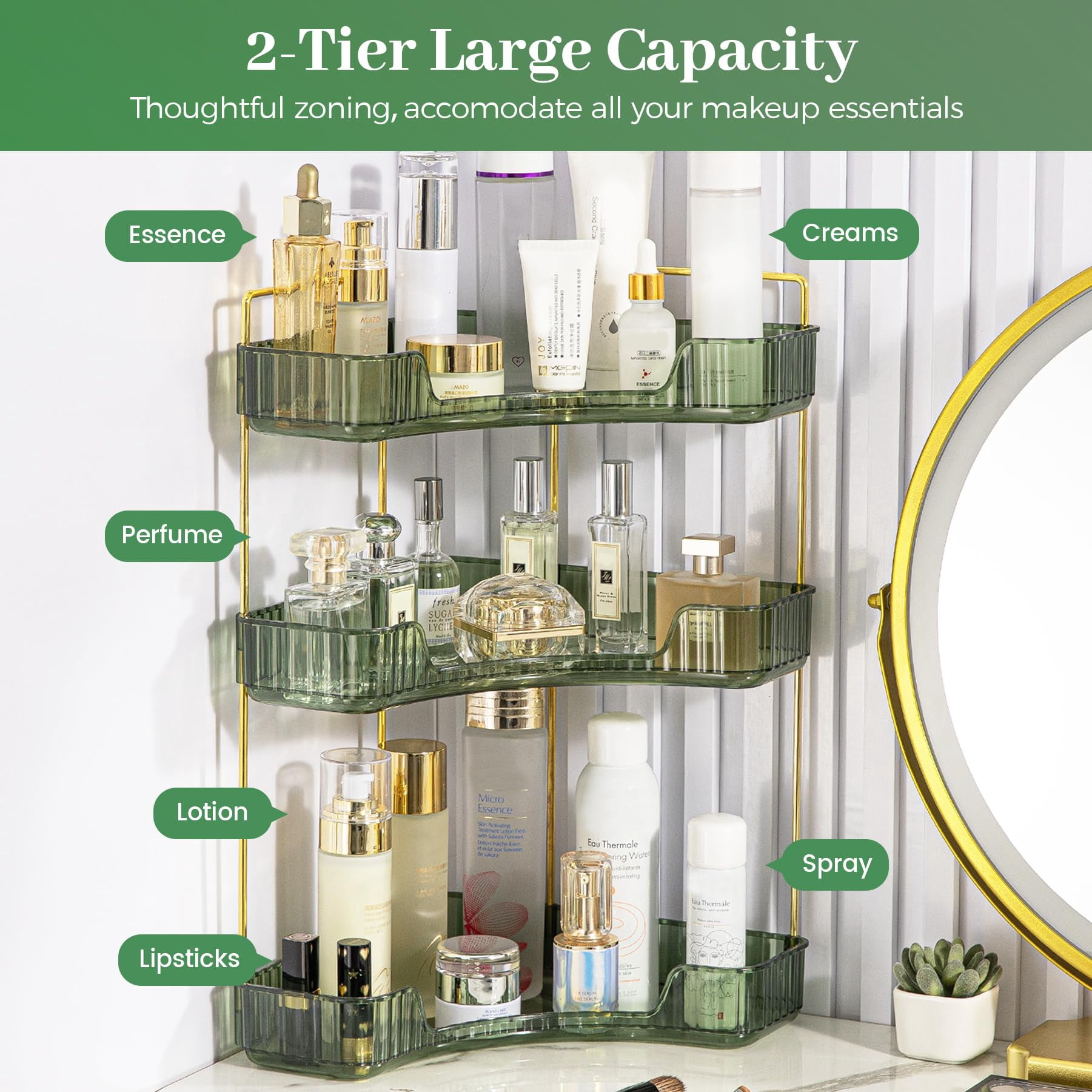 Soda Candy Corner Makeup Organizer for Vanity Countertop Space Saving Cosmetic Storage Organizer for Dresser Bathroom Kitchen, 3 Tier