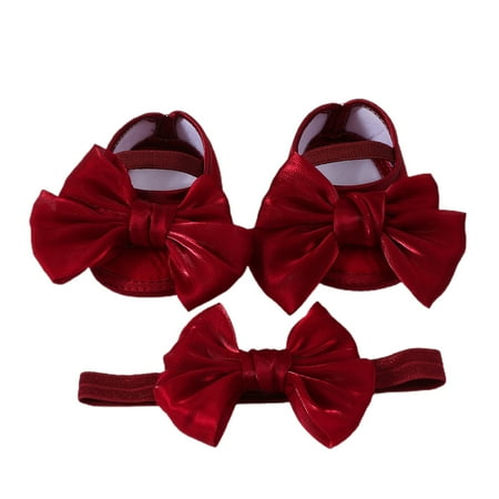 Awevudst Baby Girls Baptism Shoes and Headband Shiny Bow Flats and Hairband