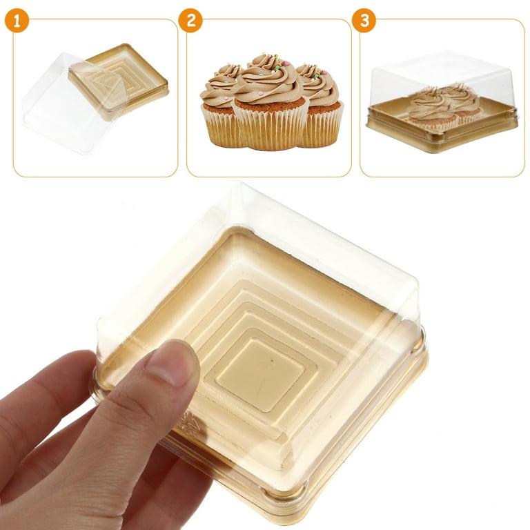 Moon Cake Boxes, 50pcs Plastic Square Moon Cake Boxes Egg-Yolk Puff Container Golden Packing Box (Large), Size: 7.5X7.5X4CM