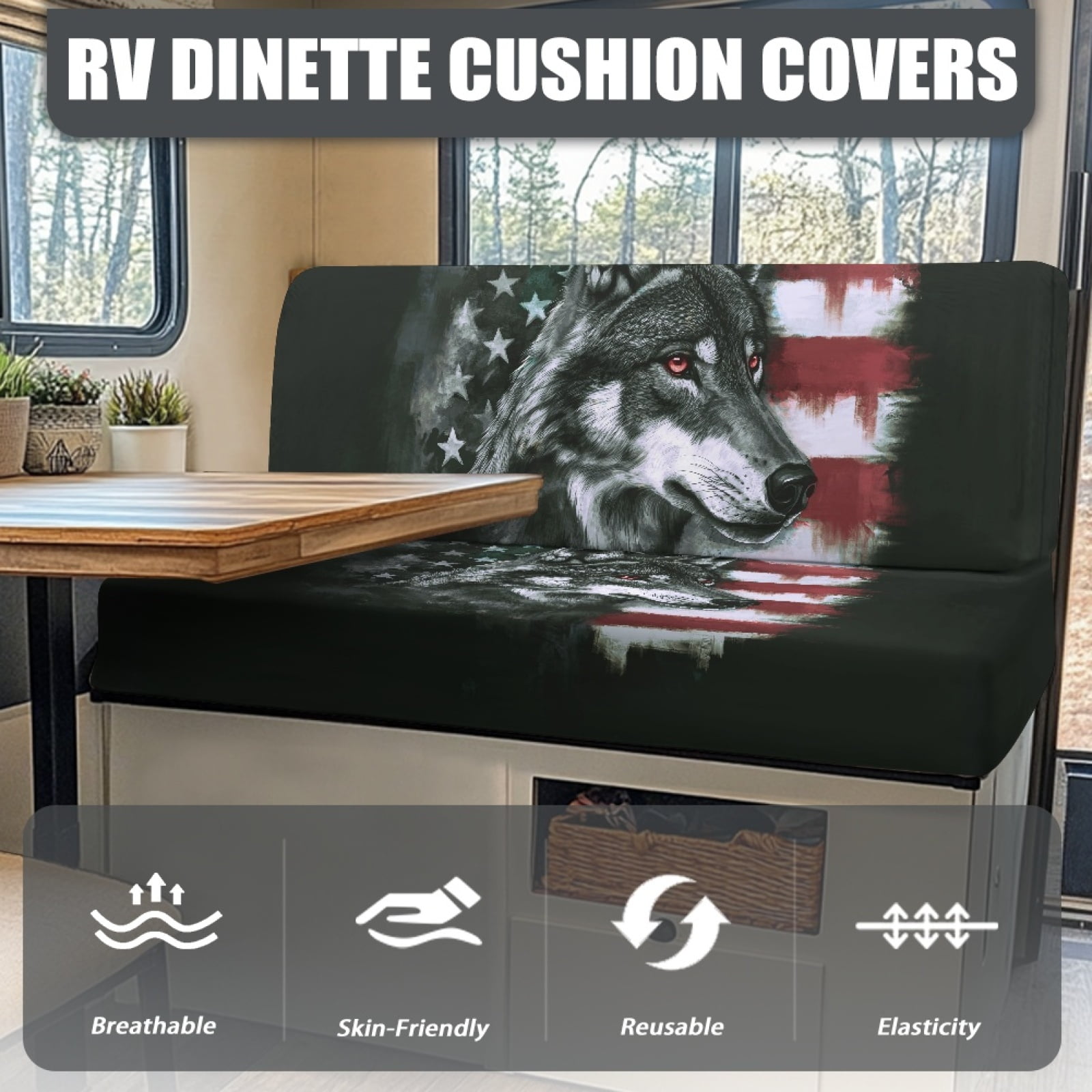 Kuiaobaty Vintage Wolf American Flag Pattern RV Dinette Cushions Covers Couch Cushion Slipcovers with Elastic Band RV Sofa Seat Slipcovers Universal Fit Travel Trailer Couch