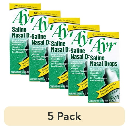 (5 pack) Ayr Saline Nasal Drops, Cold/Flu, Allergy, Dry Nasal Passages Relief, Moisturizes & Soothes Dry Stuffy Noses, 1.69 fl oz