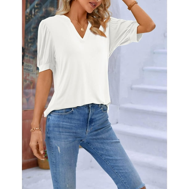 Blusas básicas lisas con escote en V y manga larga elegantes para mujer