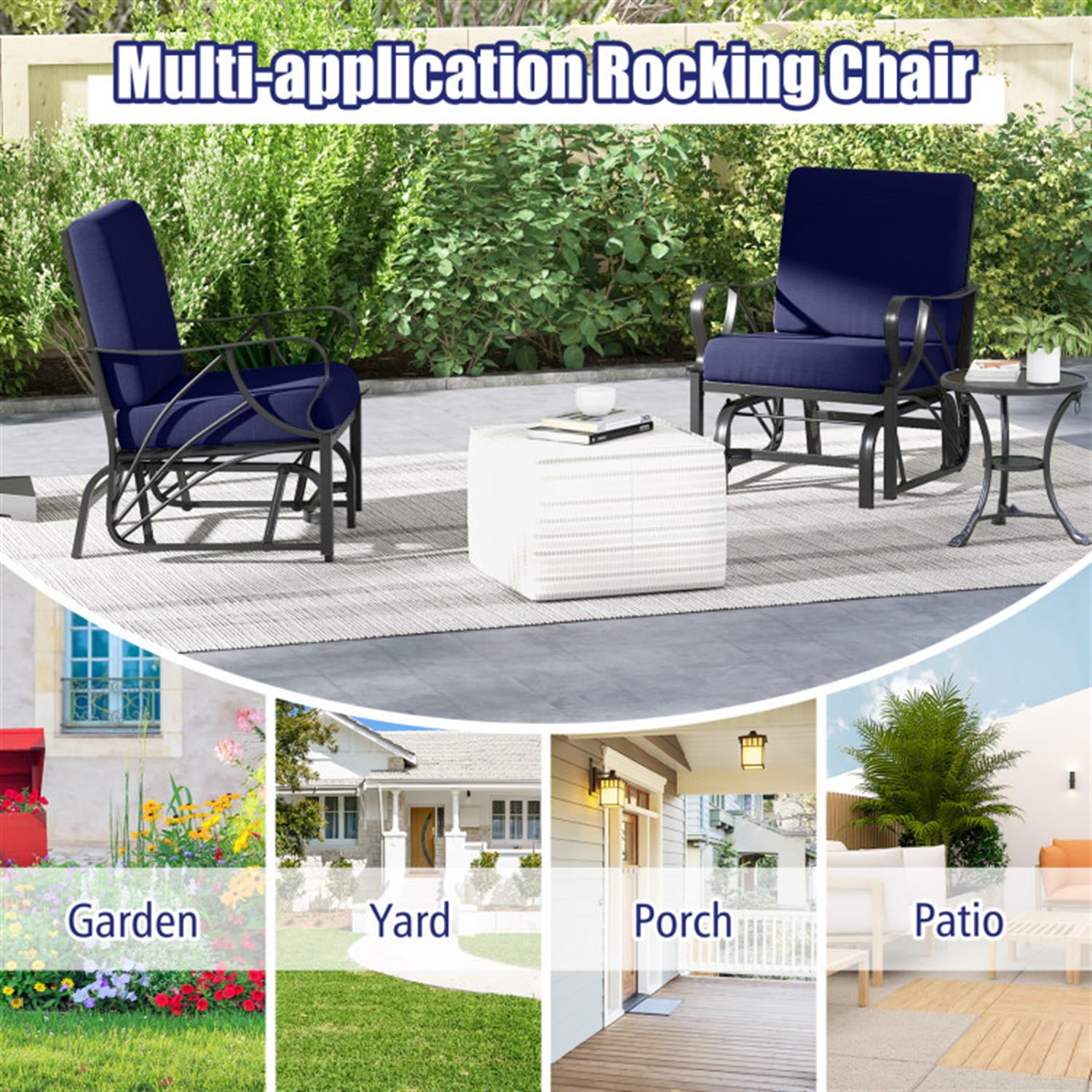Demi Bonn Patio Glider Rocking Chair with Thick Cushion and Curved Armrest, Outdoor Glider Chairs for Porch, Balcony, Poolside, Blue