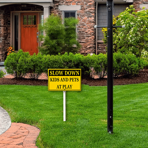 Kurmntregon Slow Down Kids And Pets At Play Yard Sign With Stake Caution Neighborhood Aluminum Outdoor Lawn Roads Street Business Porch Farmhouse Ranch Farm Courtyard Traffic 8x12inch