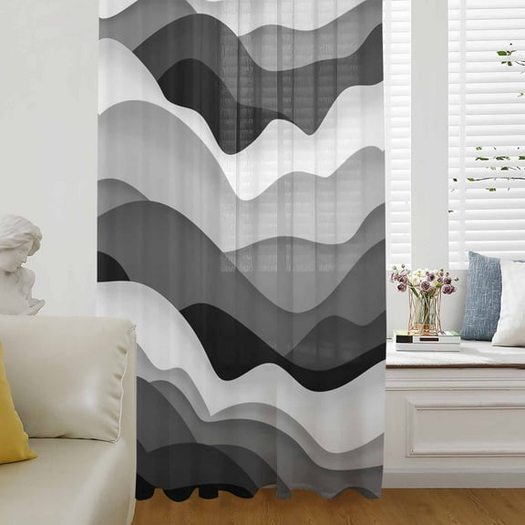Grey Ombre Semi Sheer Curtains Drapes for Living Room, Bedroom, French Doors Window 63 Inches Long, Modern Geometric Moire Abstract Art Rod Pocket Chiffon Curtain Drapery Voile Draperies Panel