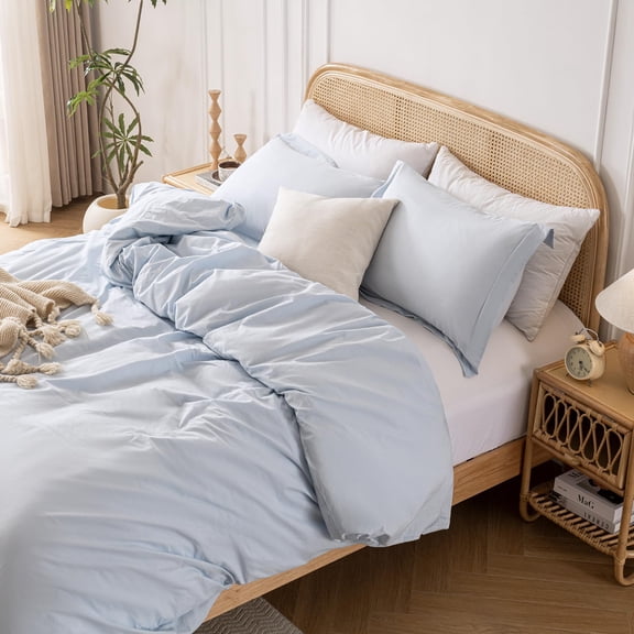 Queen Size Light Blue Washed Cotton Linen Like Duvet Cover Set, 3 Pieces