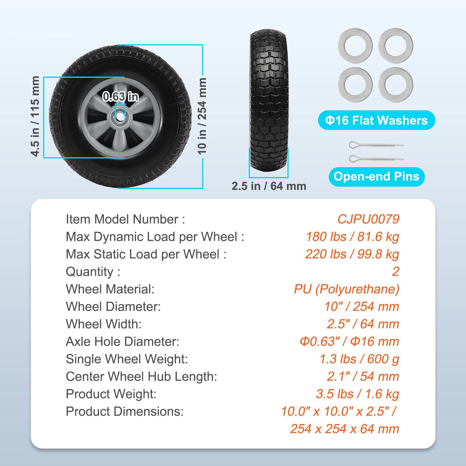 Solid PU Run-Flat Tire Wheel, 10", 2-Pack, 180 lbs Dynamic Load, 220 lbs Static Load, Flat Free Tubeless Tires and Wheels for Hand Truck, Utility Cart, Dollies, Garden Trailers, Various Carts