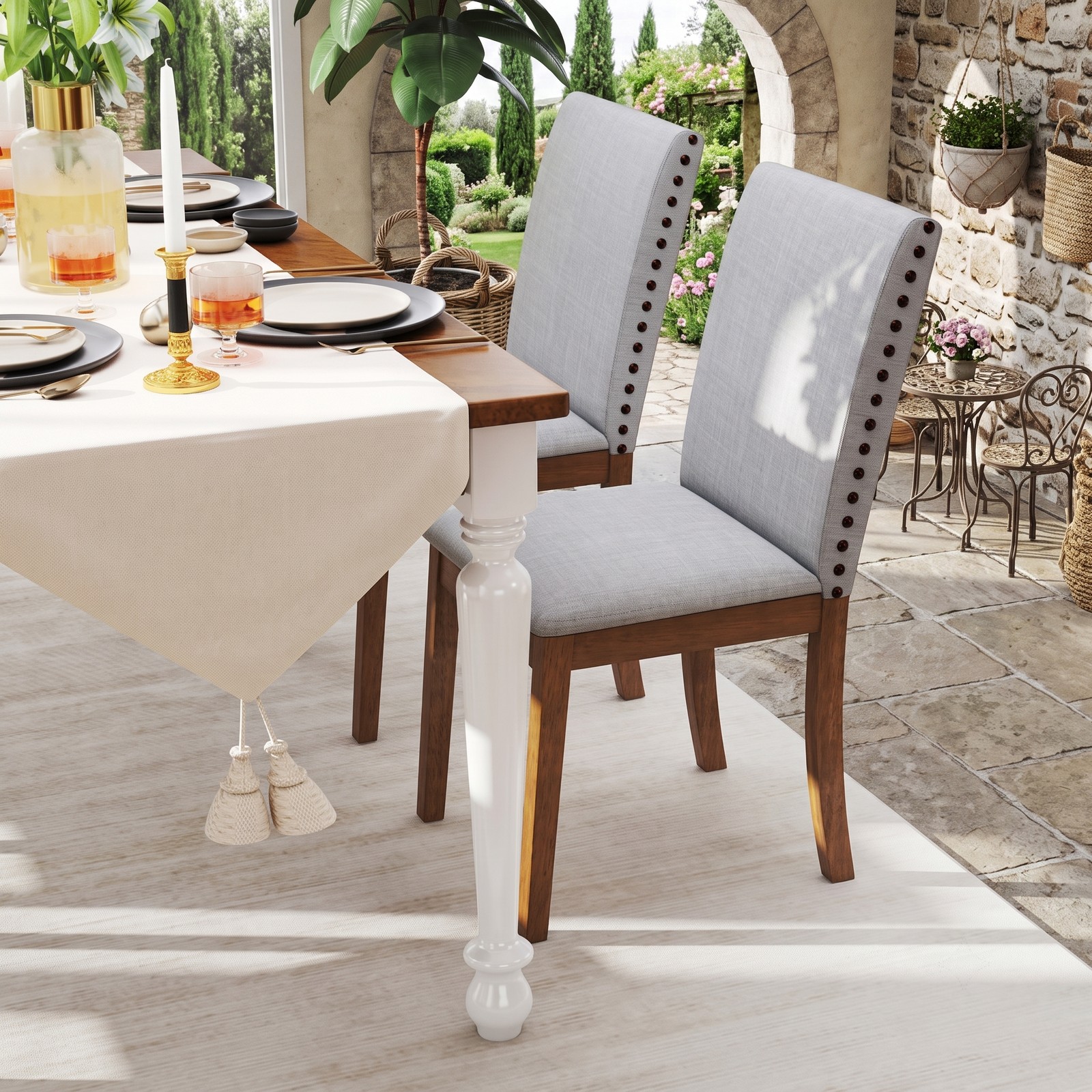 Furnibear Set of 2 Upholstered Dining Chairs, Rubber Wood Faux Linen Fabric Accent Side Chairs with Padded Seat and Nailhead Trim for Dining Room, Ash Gray & Walnut