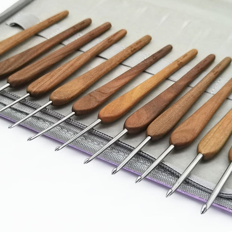 12Pcs Wood Handle Crochet Hook 0.9mm-4.0mm Ergonomic Crochet Needle for Beginner Knitting Crocheting Sweater Scarf Glove