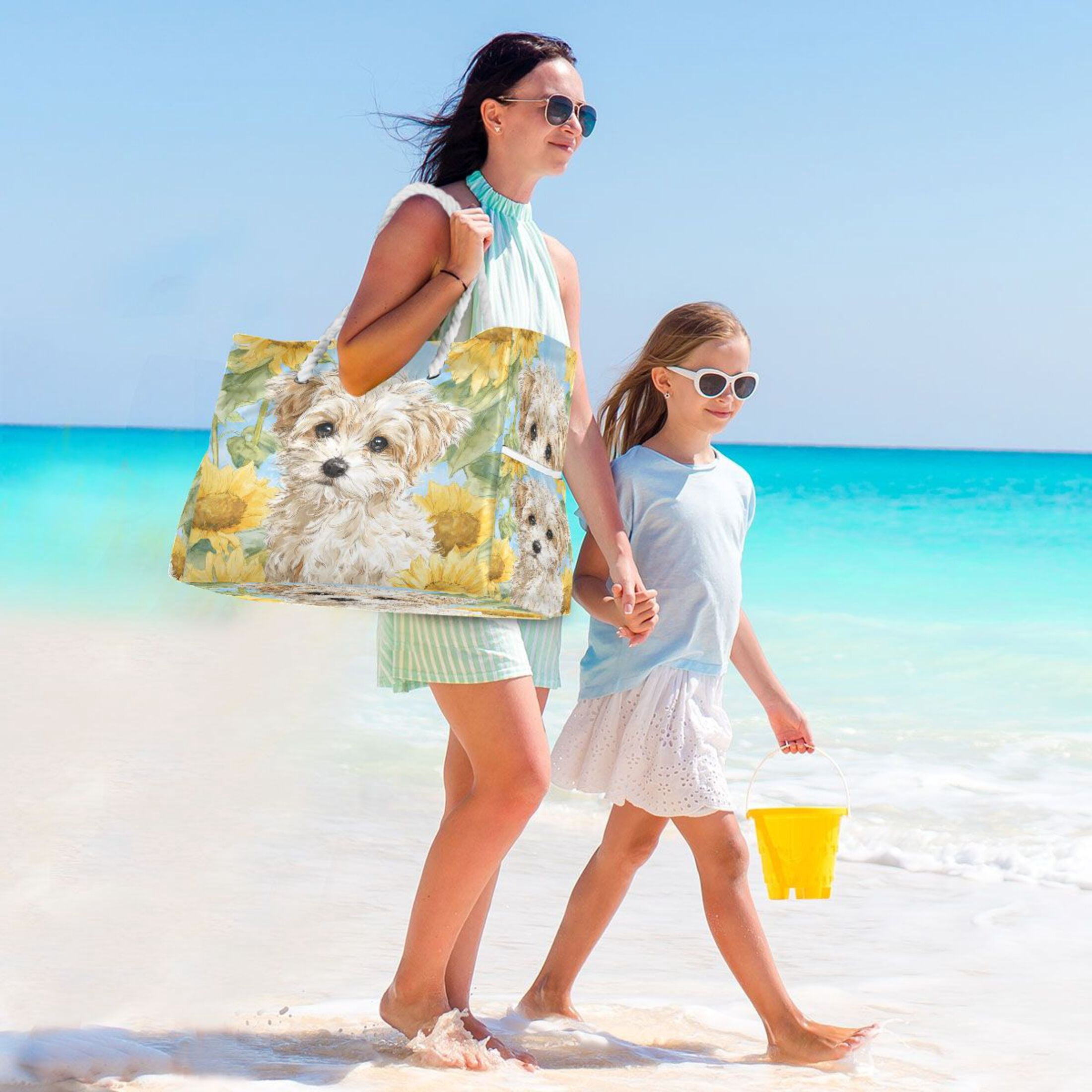 20.5"x15" Large Beach Tote Bag with Rope Handles, Waterproof Nylon, Zipper Closure, Multi-Pockets for Travel, Pool & Daily Use Cute Cream-colored Maltipoo Puppy