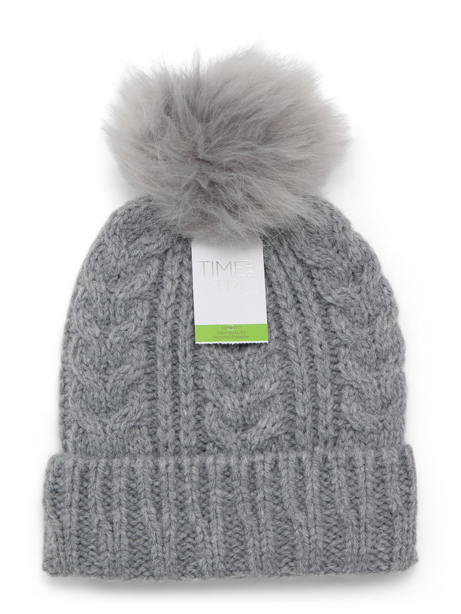 Time and Tru Women's Cable Pom Cuff Beanie, One Size Fits Most, Medium Grey Heather