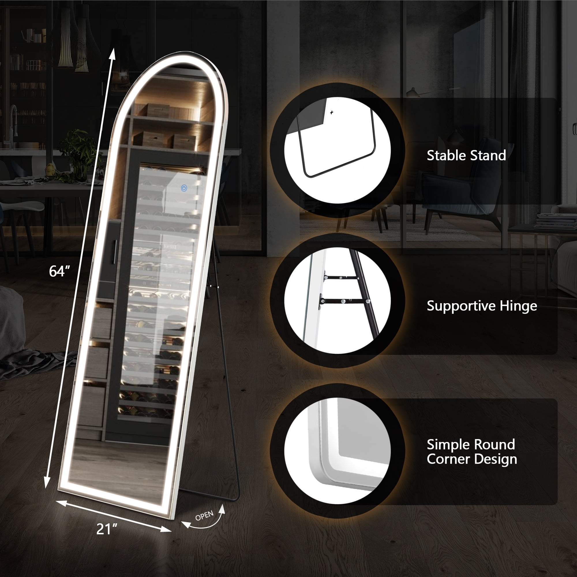 Gianna 64"x21" LED Arched Full Length Mirror with Aluminum Frame Polished Glass for Outdoor Bedroom Living Room