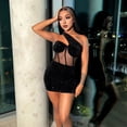 thumbnail image 3 of Quixlent Women Dress One Shoulder Shiny Sequin See-through Mesh Patchwork Slant Neck Sleeveless Backless Sheath Slim Fit Club Cocktail Party Prom Mini Dress, 3 of 8