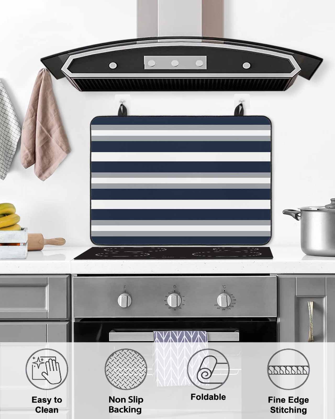 nqOlkjepod Large Induction Cooktop Protector Mat 36"x21", Navy Blue Grey Striped Stove Top Covers for Electric Stove, Farmhouse Stripes Minimalist Stove Burner Cover Mats, Glass Top Stove Cover