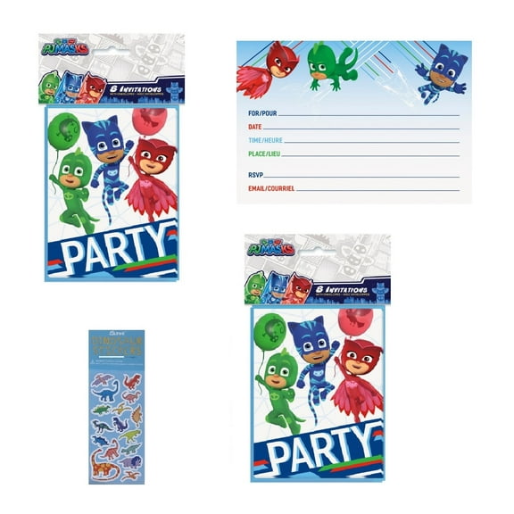 PJ Masks Party Supplies Bundle Pack includes 16 Party Invitations with Envelopes and 1 Dinosaur Sticker Sheet