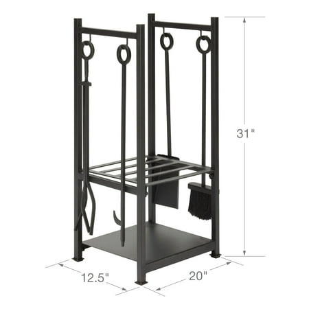 UniFlame Black Wrought Iron Log Holder with Fire Tools with Ring Handles