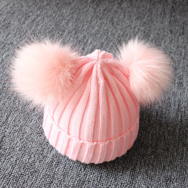 Gorro de lana de punto de otoño e invierno para niños, gorro de lana de doble bola, gorro de piel de zorro sintética