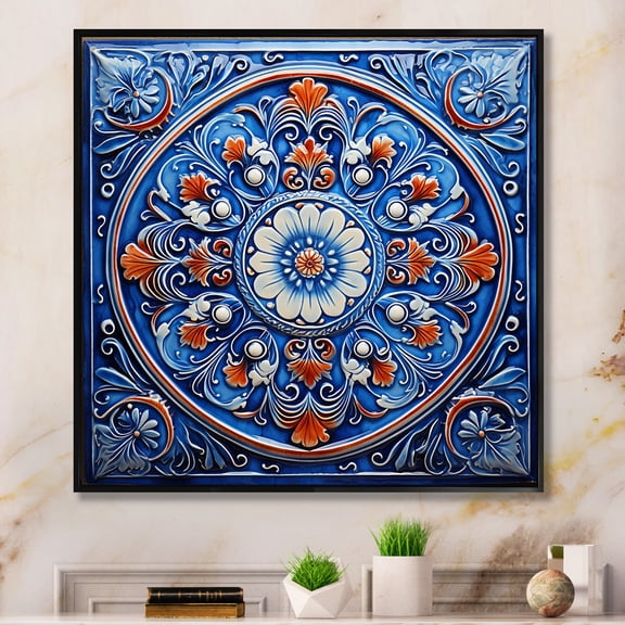 Designart "Bohemian Turkish Blue Tiles II" Geometric Framed Wall Art - Bohemian Blue Boho Tiles Bedroom Framed Canvas Wall Art