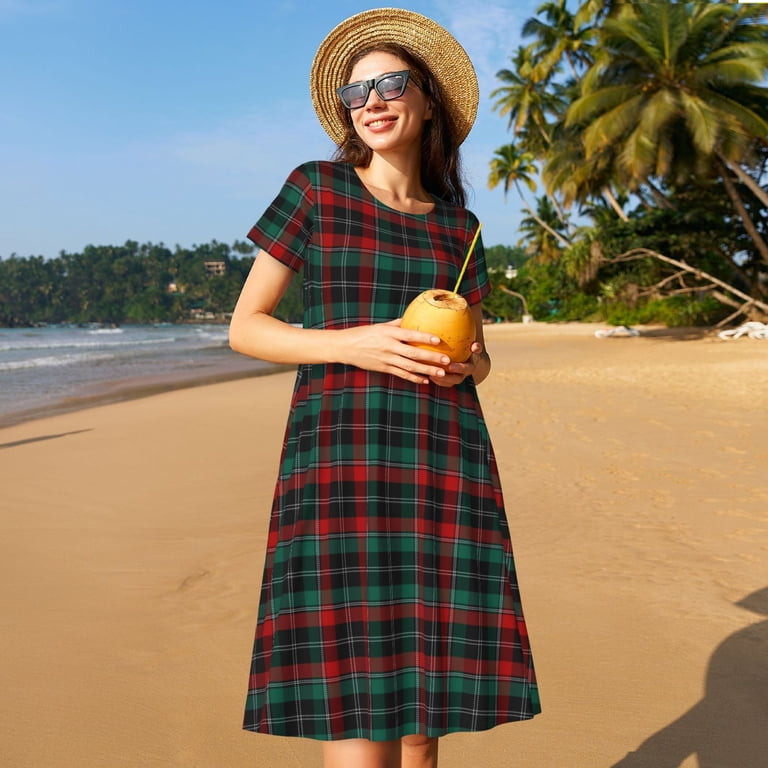 Ratiio Tartan Plaid Print Women's Short Sleeve Dress - Casual A-Line Dress  with Side Pockets, Elastic Waist, Comfortable and Breathable Summer Dress