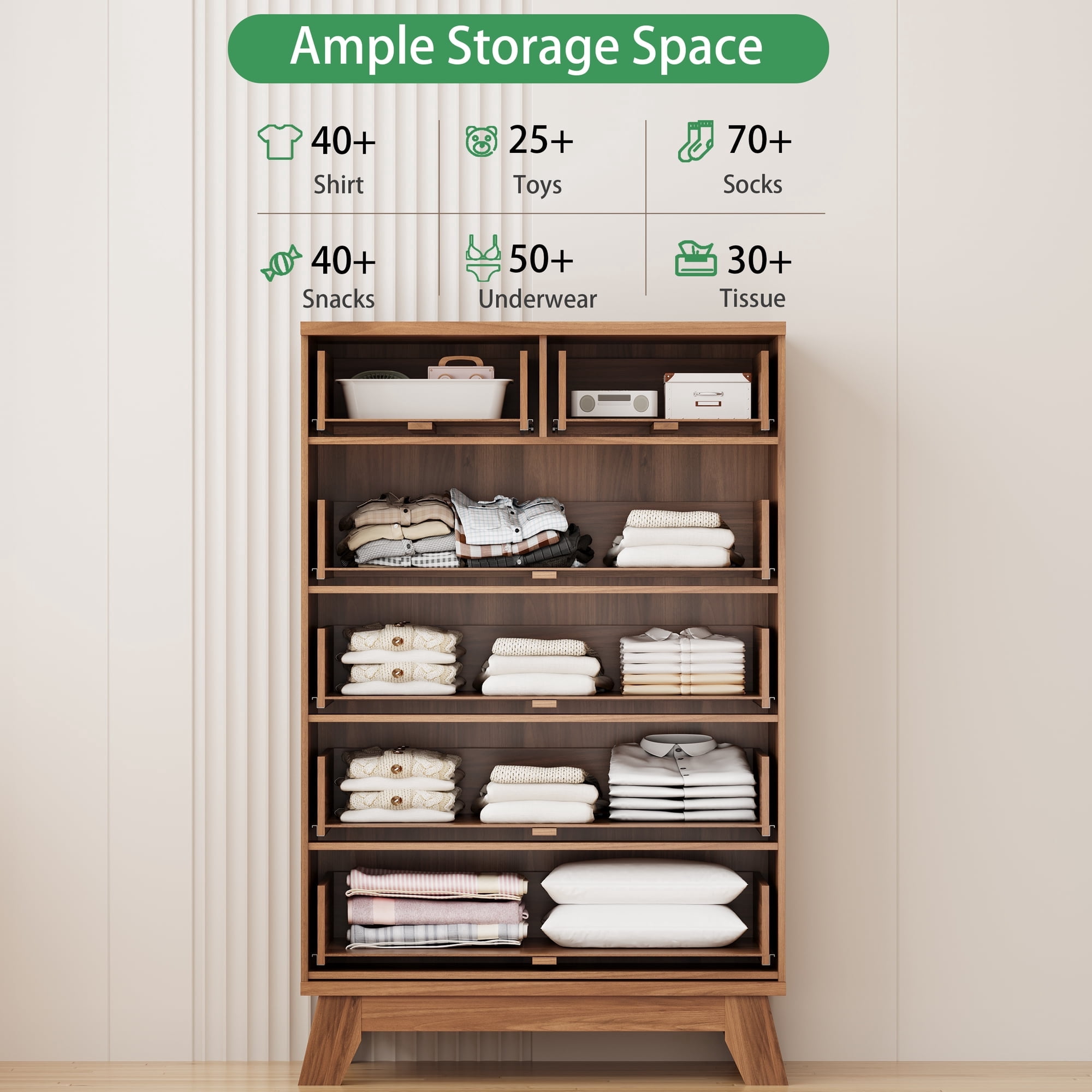 FANRAL Tall 6 Drawers Dresser Fluted Dresser for Bedroom,Wooden Chest of Drawers Modern Dresser for Closet,Walnut Dresser