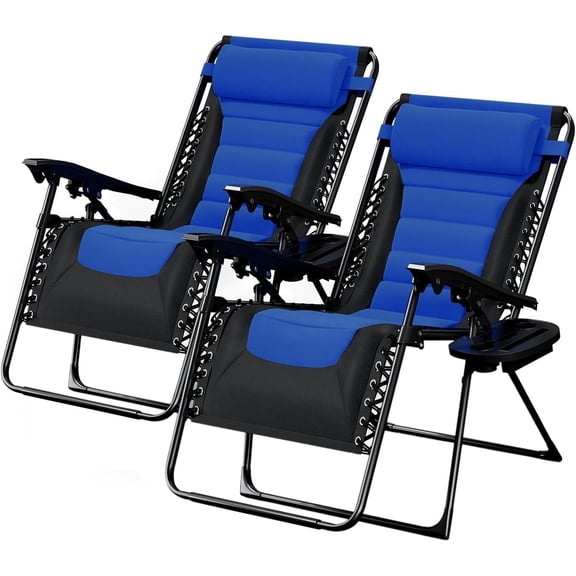 Outdoor Padded Zero Gravity Chair Set of 2, Patio Lounge Chair Outdoor Recliner, Oversized Anti Gravity Lounger with Adjustable Headrest and Cup Holder, Foldable for Camping, Yard - Black/Blue