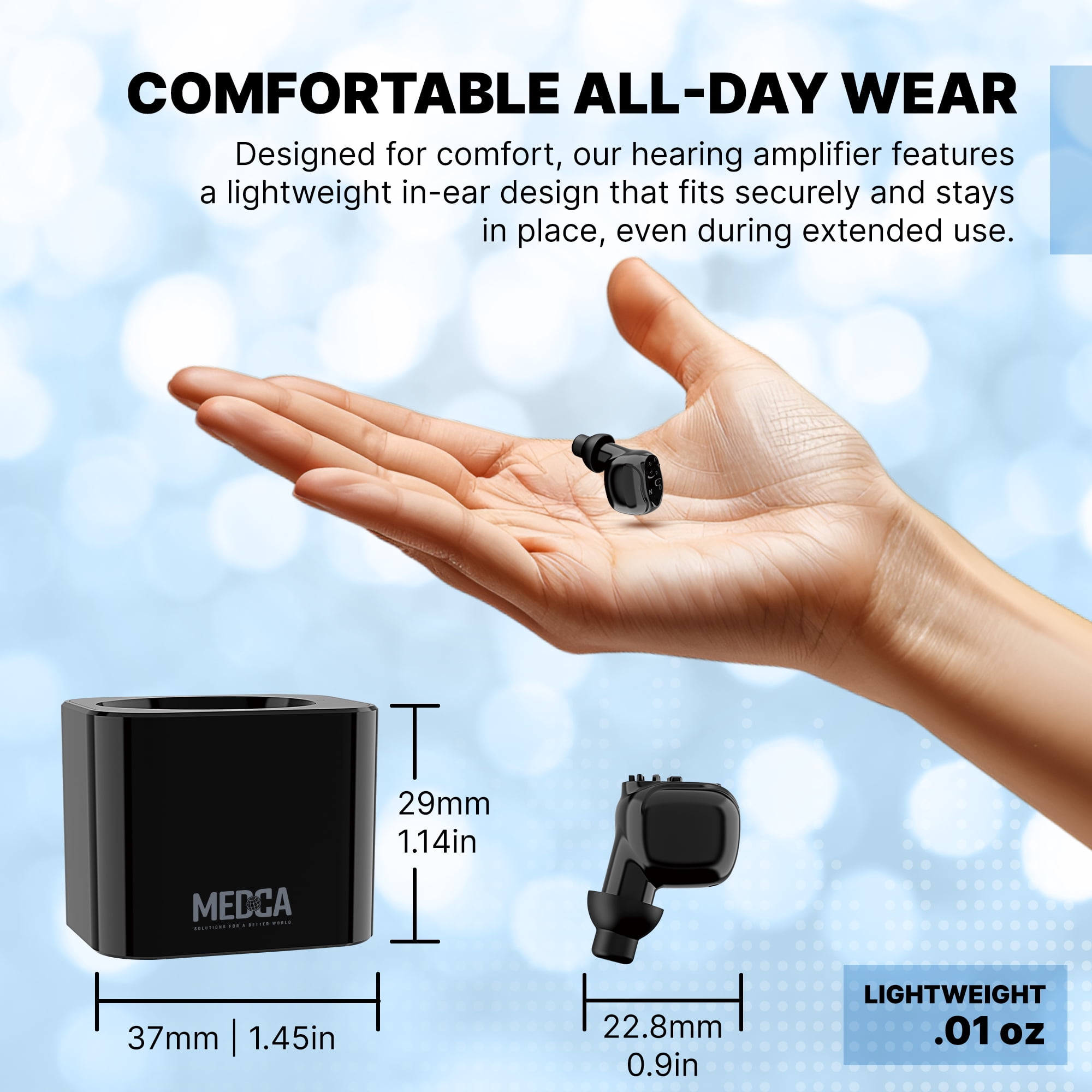 MEDca Digital Hearing Aid Rechargeable - HD Sound Hearing Amplifier for Adults and Seniors w/Charging Base, Intelligent Noise Reduction - Single Hear Assist Unit for Either Right or Left Ear, Black