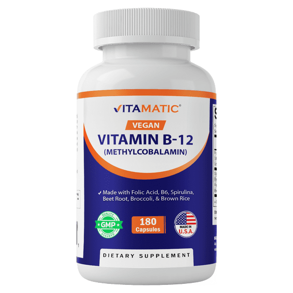 Vitamatic Vegan B12 1000 mcg - Methyl B12 with Folic Acid, Vitamin B6, Spirulina, Beet Root, Broccoli & Brown Rice - Supports Healthy Mood, Energy, Heart & Eye Health - 180 Capsules