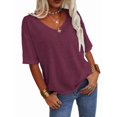 thumbnail image 2 of Women's 3/4 Sleeve Shirts V Neck Loose Fitting Tops Casual Solid Color Tshirts  Basic Tunic Summer Ladies Tops, 2 of 8