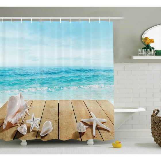 Seashells Decor Shower Curtain Set, Wooden Boardwald With Seashells ...