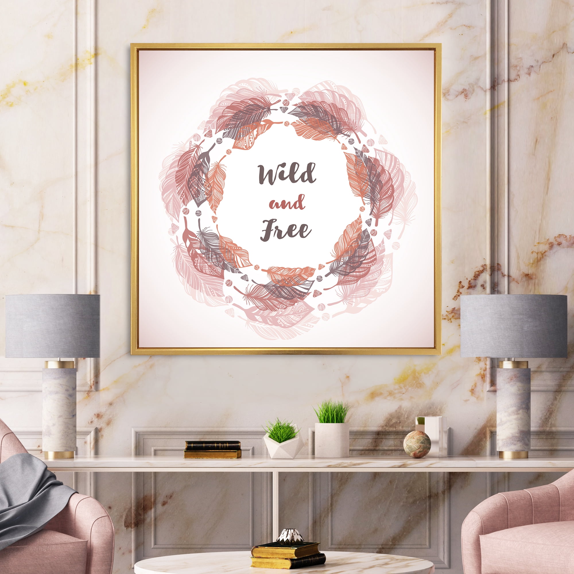 Designart 'Wild and Free Feather Wreath In Boho Style' Bohemian & Eclectic Framed Canvas Wall Art Print