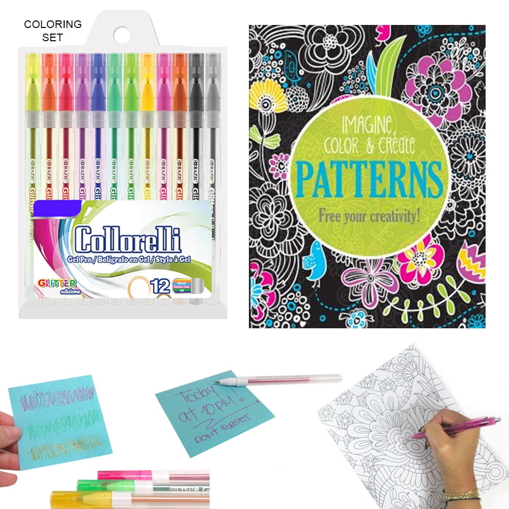 13 Pc Coloring Book Set Glitter Gel Pens Stress Relieving Mandala Drawing Adult