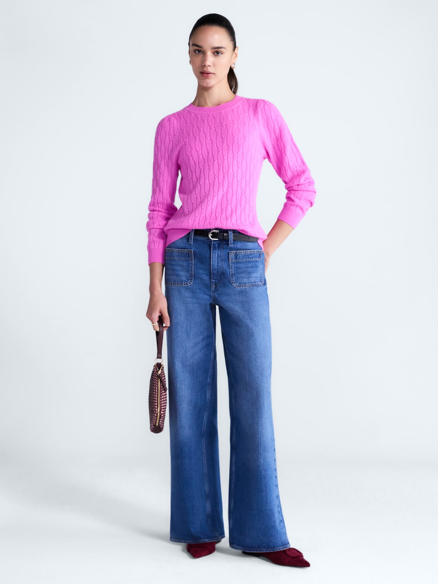 Free Assembly Women's and Women's Plus Cashmere Cable Knit Sweater with Puff Sleeves, Midweight, Sizes XS-4X