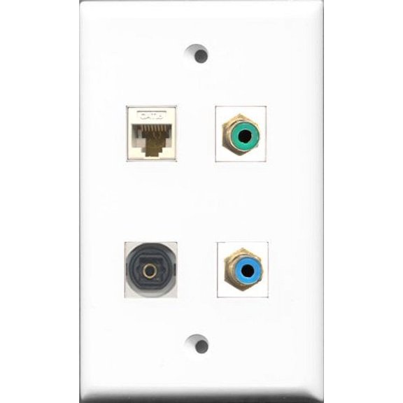 RiteAV 1 Port RCA Green and 1 Port RCA Blue and 1 Port Toslink and 1 Port Cat6 Ethernet White Wall Plate