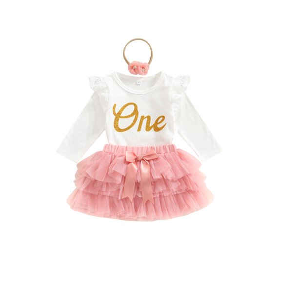 LMLYSoH Infant Girl Long Sleeve Romper Skirt Hairband, Letter Print Lace Mesh Patchwork Holiday Clothing