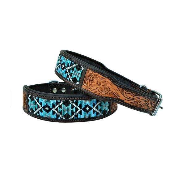 Leather Dog Collar Western Style Heavy Duty Hand Tooled Adjustable Beaded and Padded Soft for Puppies and Big Dogs 10AB012
