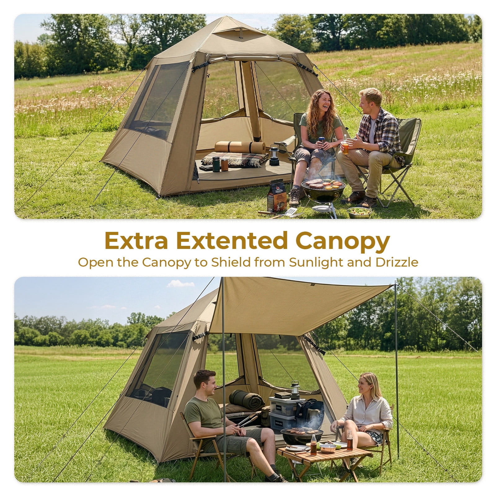 UBesGoo 2-4 People Inflatable Tent with Hand Pump for Camping, Easy Setup Air Glamping Tents with Extra Canopy, Camping Tent for Family, Khaki