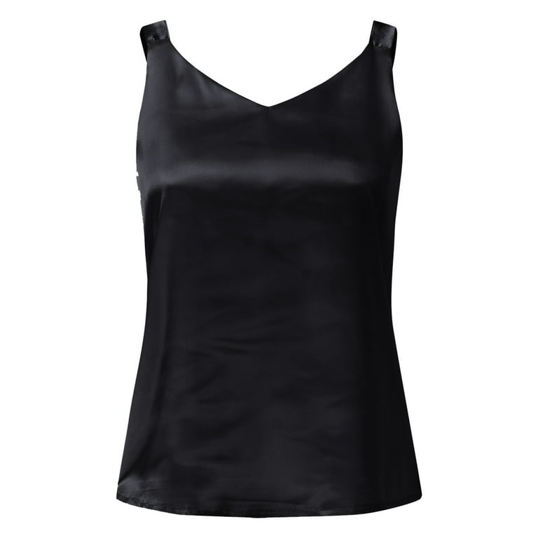 Fsqjgq Summer Shiny Silk Tank Top Women's T-Shirt Sleeveless V-Neck Casual  Loose Camisole Black White Crop Tops Female Basics Vest Black M 