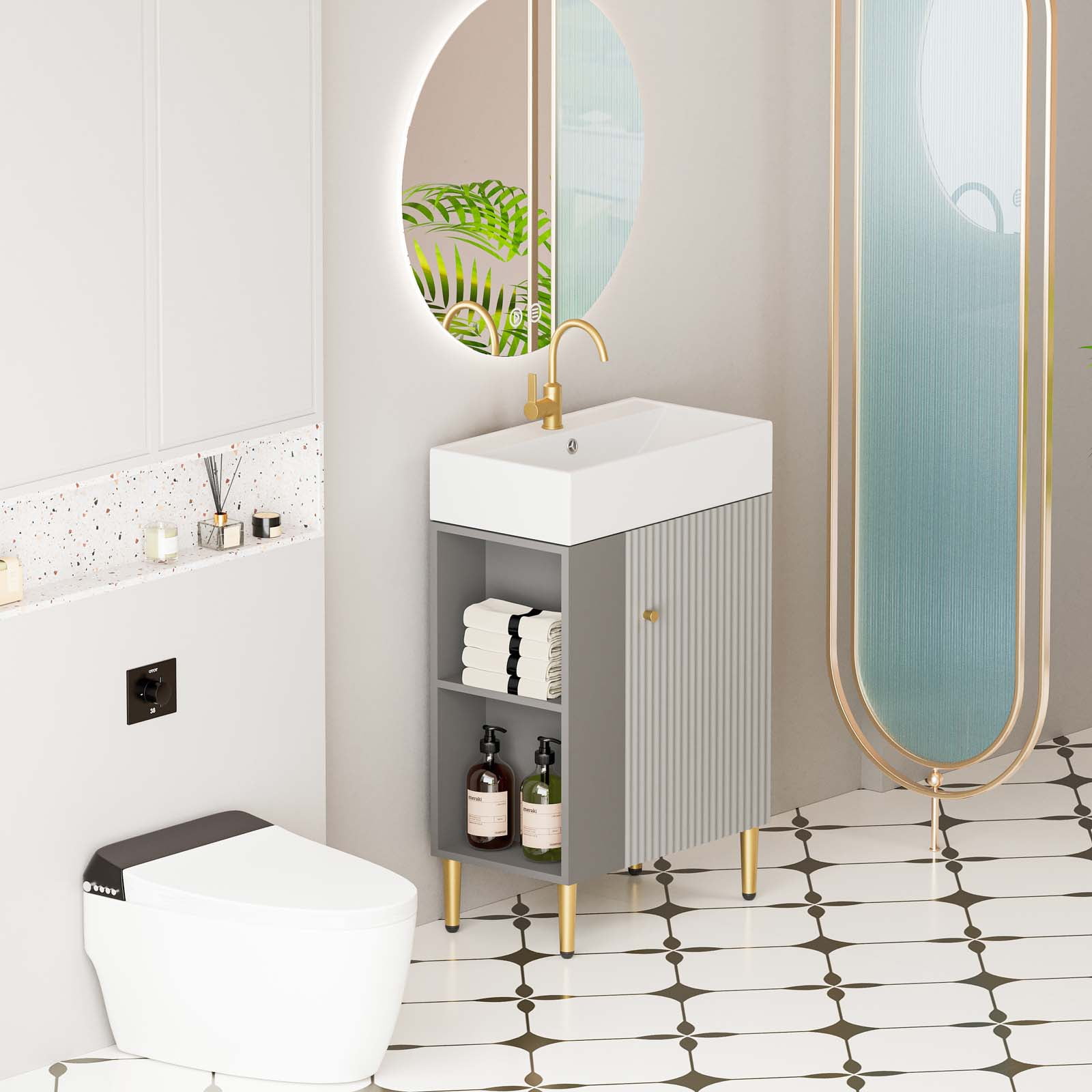 21.6" Bathroom Vanity with Ceramic Sink, Freestanding Bathroom Vanity with Open-Shelving Natural Wood Vanities Cabinet Soft Closing Door Left Storage for Small Bathroom Grey