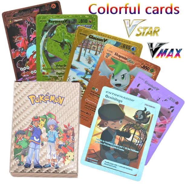 Cartas coloridas Pokémon genuinas, juego de cartas de aluminio dorado, Pikachu, Charizard, Mewtwo, inglés, español, francés, alemán, coreano, 55 piezas Fivean unisex