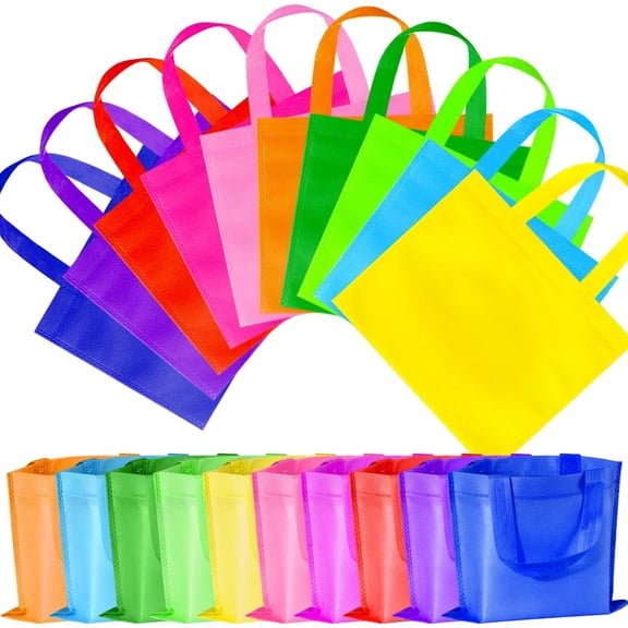 30 Pack Non Woven Party Favor Bags, 9.8'' Small Reusable Kids Tote Bags with Handles, Rainbow Party Favor Goodie Bags for Kids Birthday