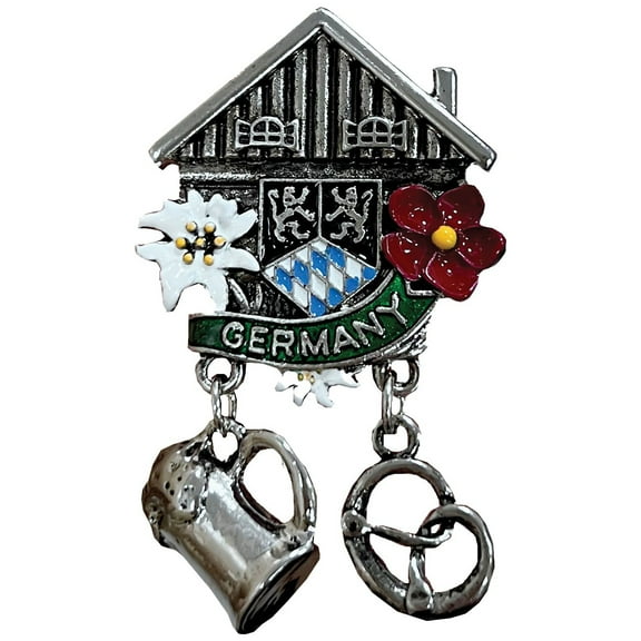 Oktoberfest Haus German Metal Hat Pin Chalet Charming Traditional Flowers with "Germany" Banner