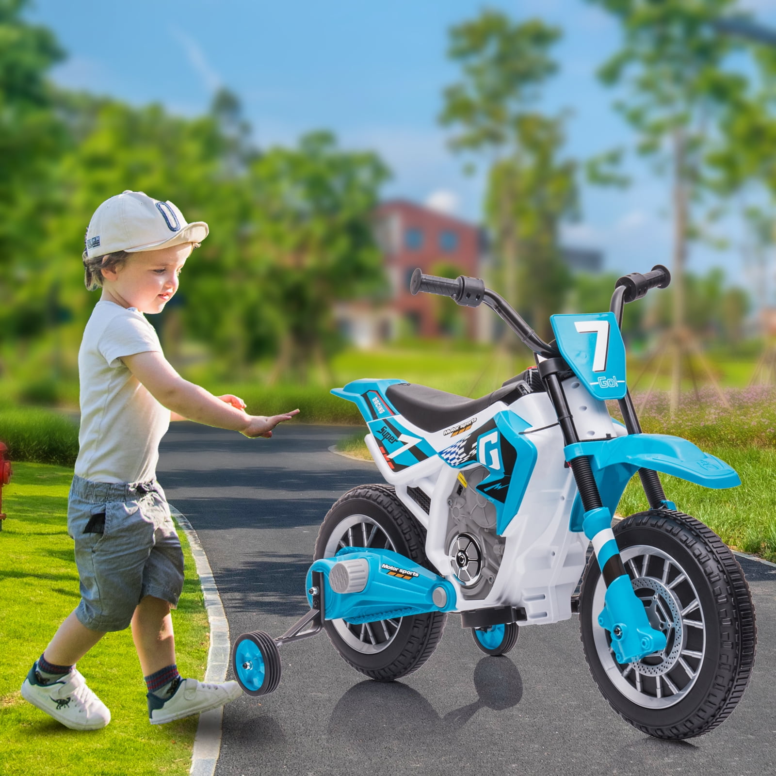 FINITO 12V Kids Ride on Motorcycle, Battery Powered Car Toy with 2 Training Wheels Electric Motorbike Gift for Boys Girls Age 3+, Blue