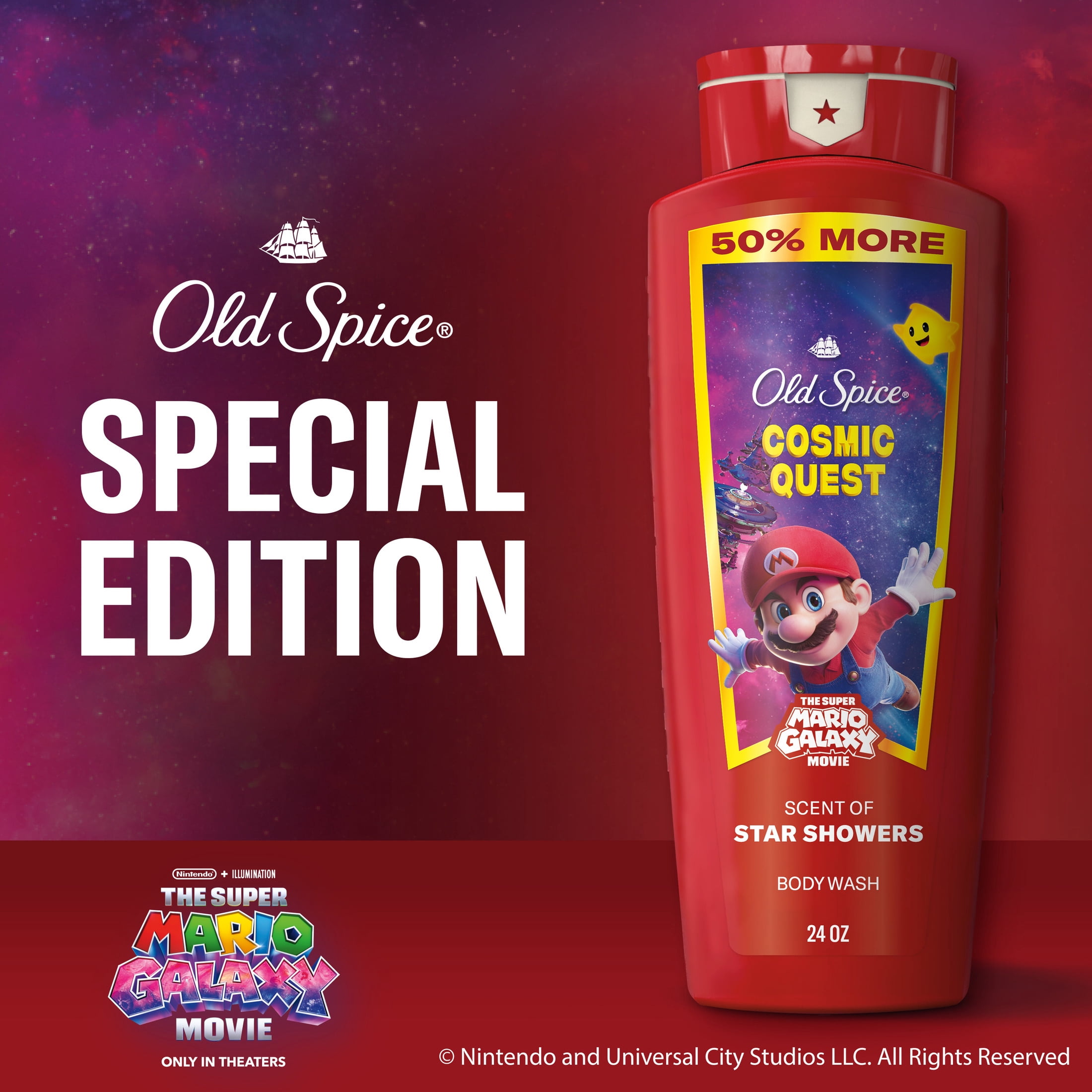 (4 pack) Old Spice Body Wash for Men, Cosmic Quest, Scent of Star Showers, Old Spice x The Super Mario Galaxy Movie, 24/7 Shower Fresh, 24 oz