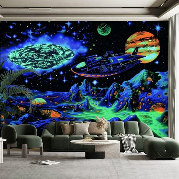 Peel and Stick Canvas Wallpaper Wall Mural Blacklight Starship Technicolor Galaxy UV Reactive Wall Art Wall Art Self Adhesive and Removable 100in x 144in