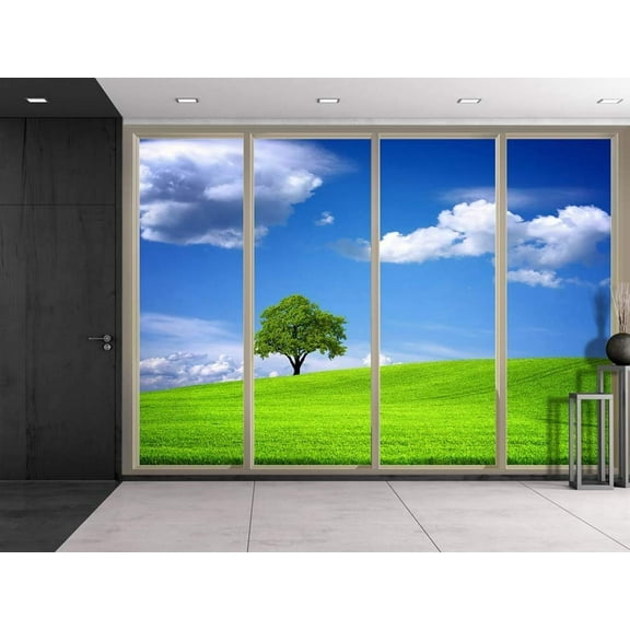 Wall26 - Clouds Over Lone Tree on a Grass Hill Viewed from Sliding Door - Creative Wall Mural, Peel and Stick Wallpaper, Home Decor - 100x144 inches