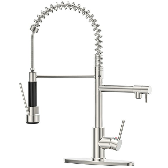 GPED Kitchen Faucet, Kitchen Sink Faucet with 2 Function Sprayer, SUS304 Stainless Steel & Double-Headed, Single Handle High Arc Kitchen Faucet with Pull Down Sprayer & Deck Plate, Brushed Nickel