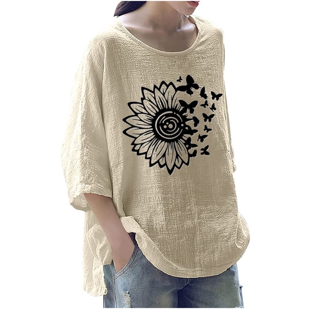 Camiseta holgada de manga 3/4 con cuello redondo y estampado a la moda para mujer Fridja fjkfkj3473