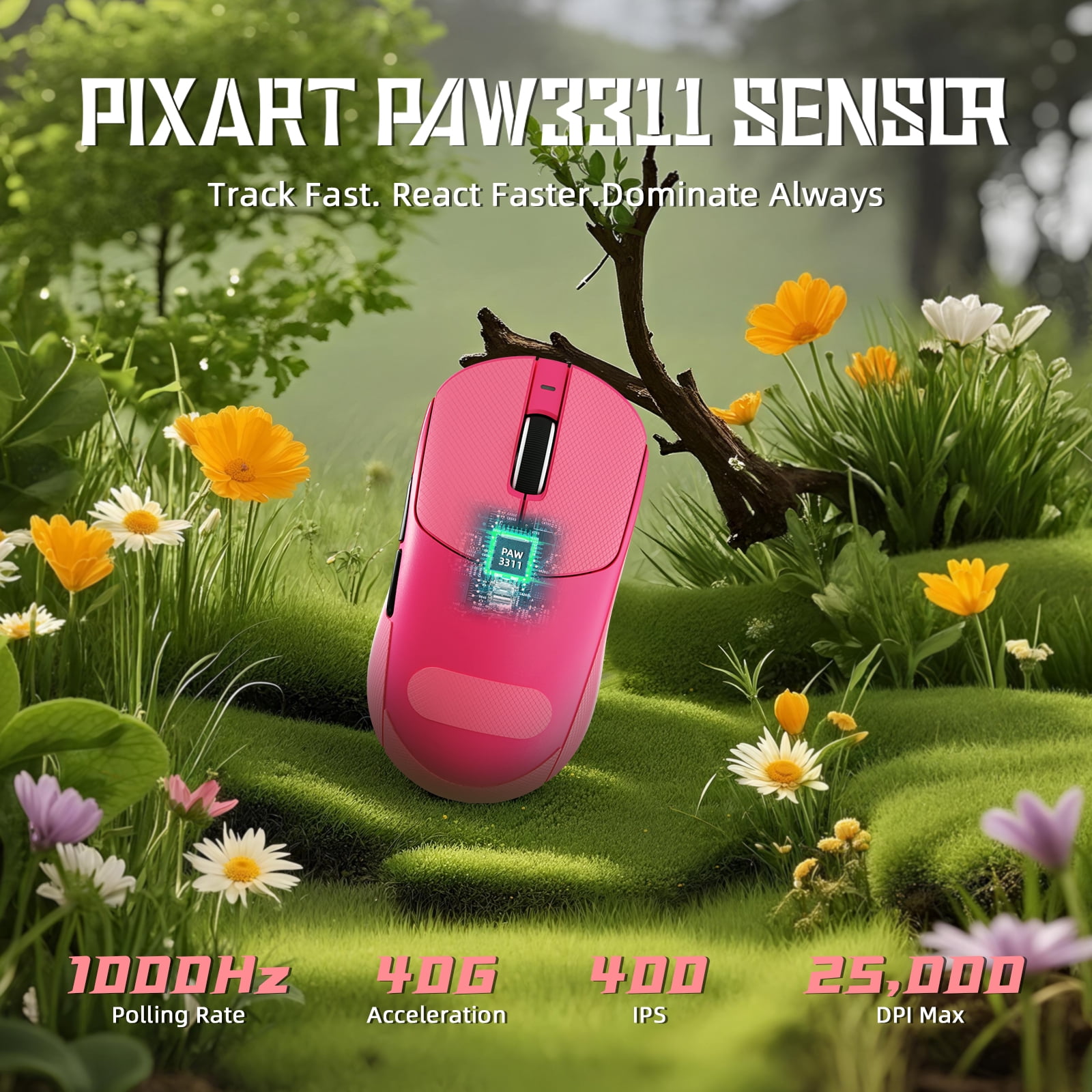 ATTACK SHARK X8 SE Wireless Gaming Mouse, Tri-Mode 2.4G/USB-C Wired/Bluetooth, PAW3311 Sensor, 25000 DPI, 55g Lightweight Design, 500mAh Battery, Grip Tape Included, Berry