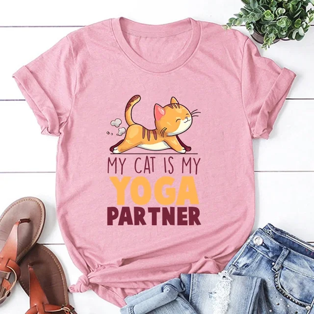 Mon Chat Est Mon Partenaire de Yoga T-Shirt Imprimé Femmes Hommes Été Décontracté Manches Courtes Col Rond Hauts T-Shirts Mode HM374-Rose m